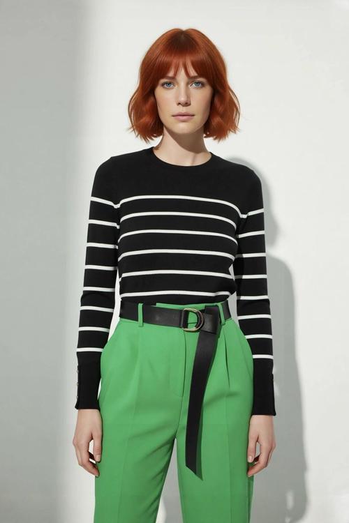 Kadın Şık Bisiklet Yaka Ekru Çizgili İnce Fitted Triko Kazak İlkbahar Sonbahar Günlük Kullanım