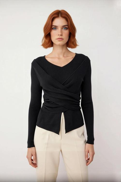 Kadınlara Özel Vücudu Saran Fitted Kesim Drape Örgü Triko Kazak İlkbahar Sonbahar Kombinleriniz