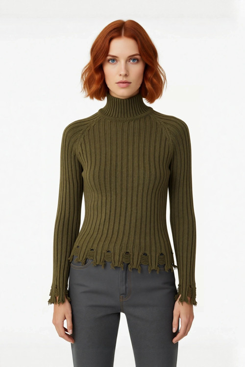 Kadınlara Özel Fitted Kesimli Crop Dik Yaka Uzun Kollu Fitilli Triko Kazak Günlük Stil İçin