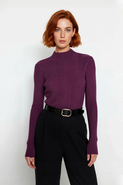 Kadın Fitted Dik Yaka Fitilli Uzun Kollu Triko Kazak Günlük Basic Siluet Kış Sonbahar Konforu