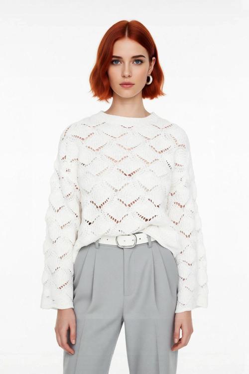 Şık Kadın Oversize Ajurlu Bisiklet Yaka Uzun Kol Triko Kazak Soğuk Havalarda Konfor Sunar Kaliteli