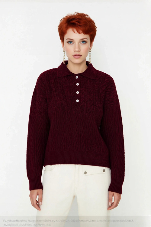 Kadın Oversize Triko Polo Yaka Saç Örgü Düşük Kollu Rahat Kışlık Basic Stil Kazak Kaliteli