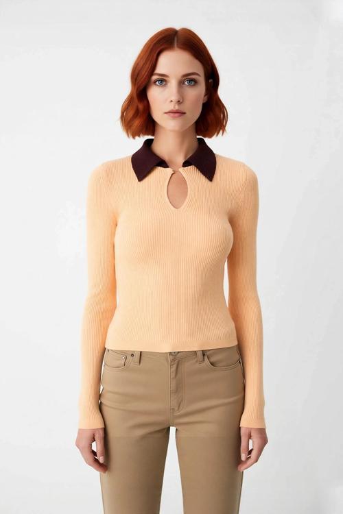 Kadın Fitted Polo Yaka İnce Triko Body Kazak Özel İplik Dokusuyla Cool ve Rahat Günlük Giyim