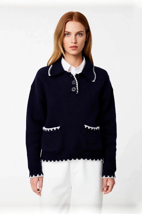 Lacivert Kadın Triko Kazak Düşük Kol Oversize Kalıp Polo Yaka Soğuk Havalar İçin Mükemmel Seçim