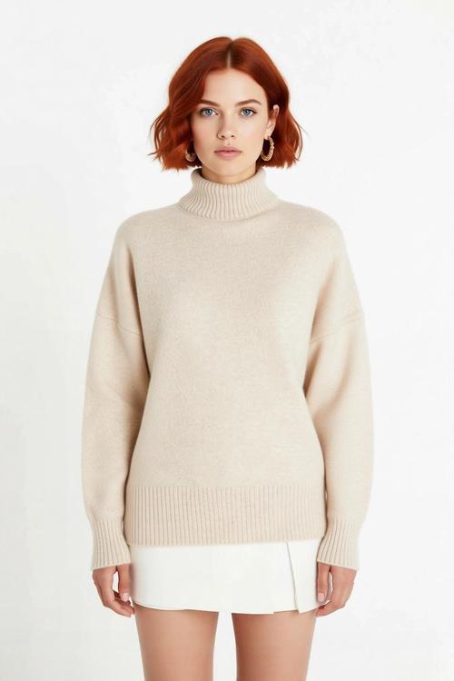 Kadın Basic Oversize Dik Yaka Triko Kazak Düşük Kol Uzun Boy Kışlık Günlük Şıklık Sunar Kaliteli