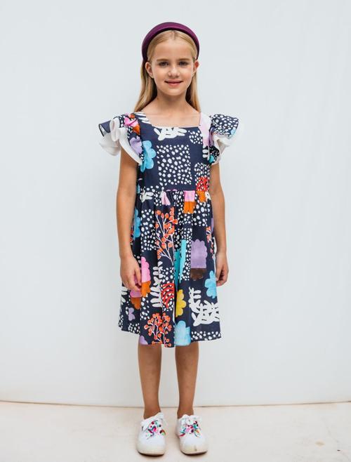 Pamuklu Desenli Kısa Kollu Kız Çocuk Elbise