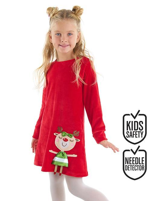 Yaramaz Geyik Kız Yılbaşı Kadife Kırmızı Elbise