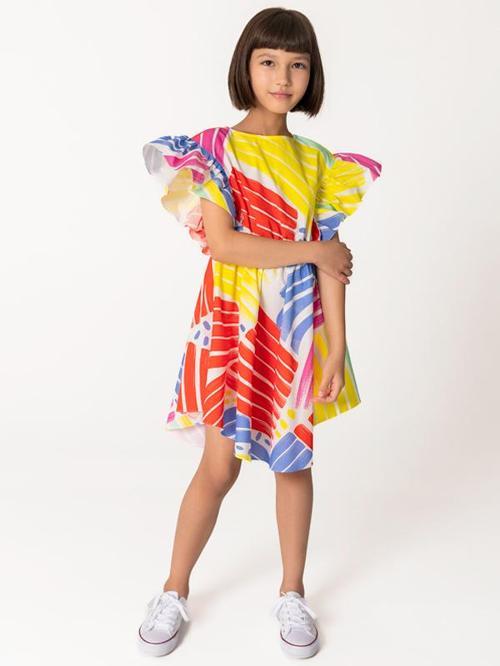 Geometrik Desenli Beli Lastikli Kız Çocuk Elbise