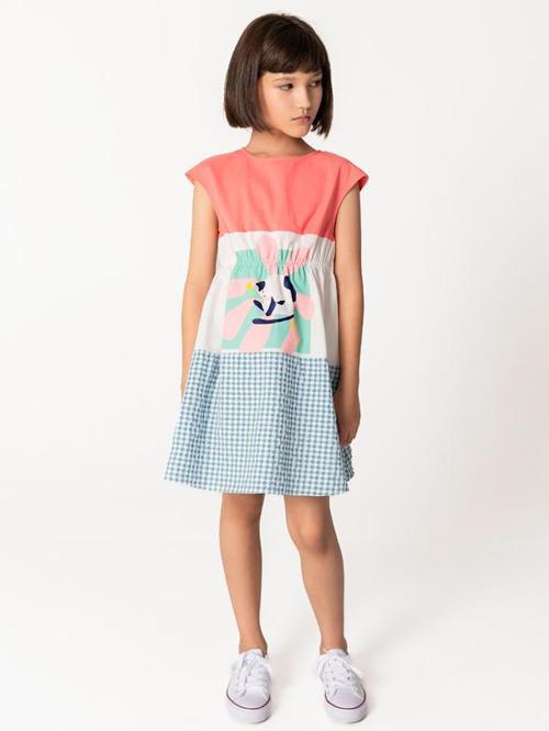 Kısa Kollu Kareli ve Çiçek Kız Çocuk Elbise