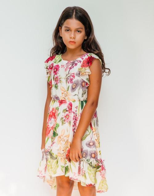 Çiçek Desenli Şifon Kız Çocuk Elbise