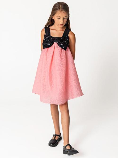 Payet Fiyonk Detaylı Pembe Jakar Kız Çocuk Elbise