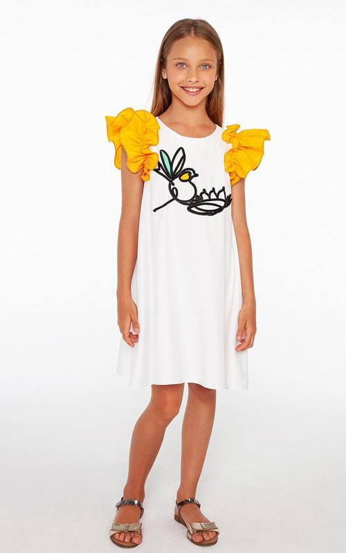 Kuş Aplike Detaylı Kız Çocuk Elbise