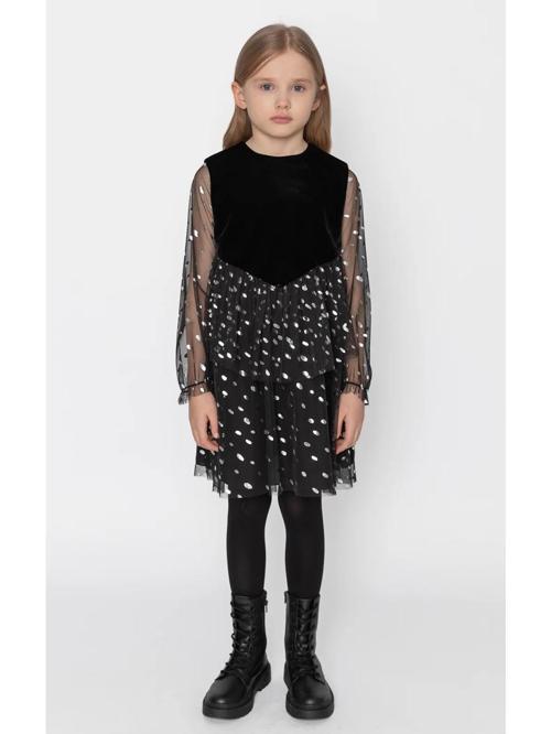 Tül Kollu Işıltılı Kadife Elbise