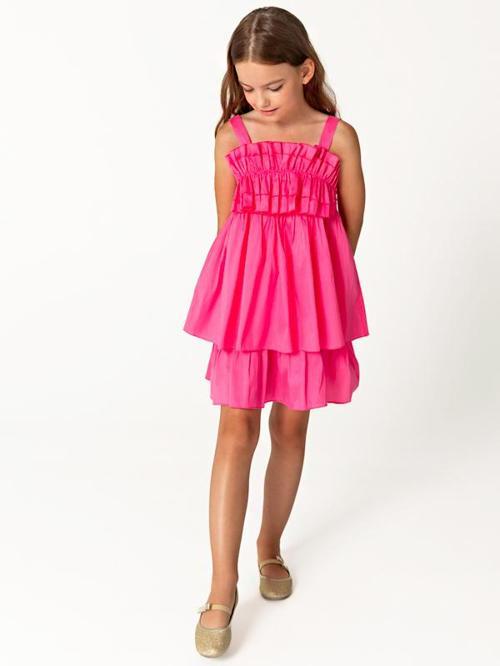 Fırfır Göğüs Detaylı Pembe Askılı Kız Çocuk Elbise