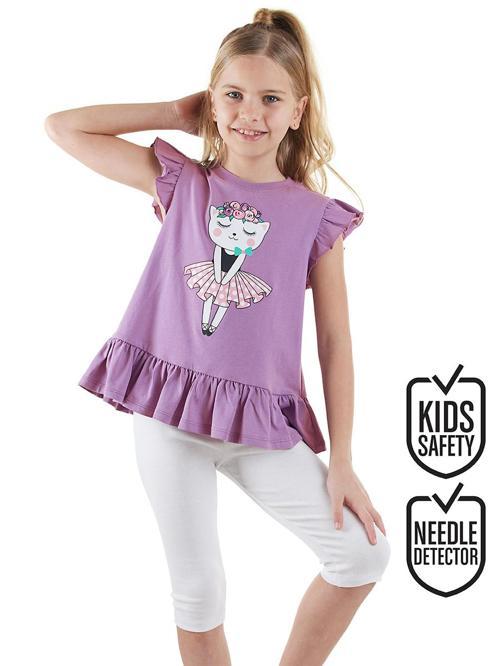 Çiçekli Kedi Kız Çocuk Mor T-shirt Tayt Takım