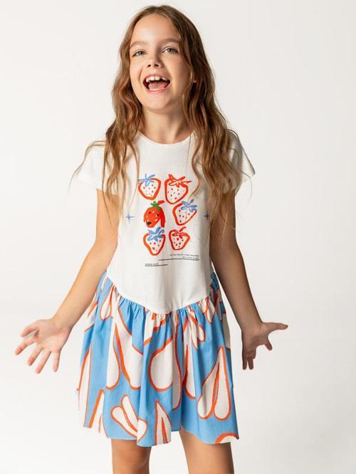 Etekli Çilek ve Kalp Desenli Kız Çocuk Elbise