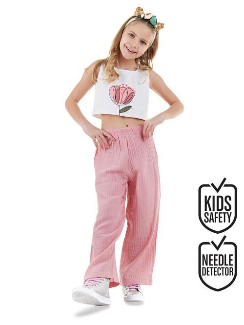 Çiçekli Kız Çocuk Pembe Müslin Pantolon Takım