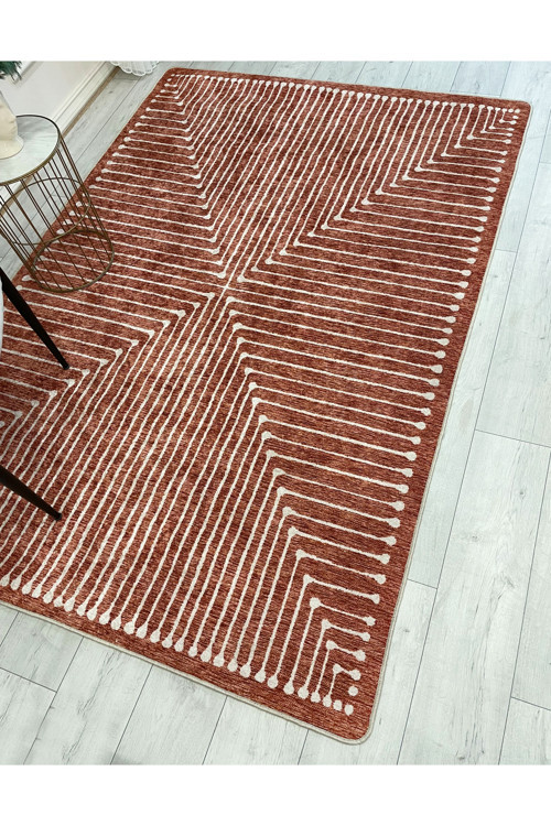 Kiremit Renk Şönil Görünümlü Tasarım Yolluk Halı Mutfak Halısı