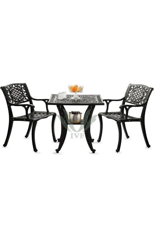 Ferforje Görünümlü Masa Ve Sandalye, Dış Mekanda Kullanılabilir 2 Kişilik Plastik Siyah Masa Takımı