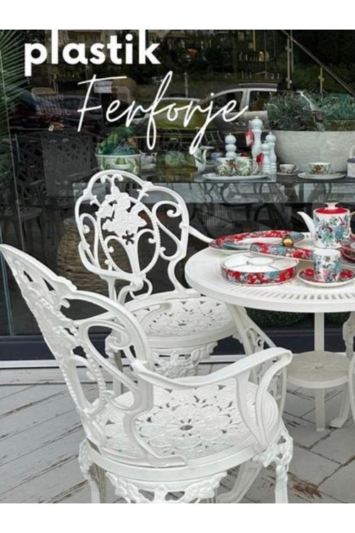 Isparta Model Ferforje Görünümlü 60 Cm Çap Plastik Masa Ve Sandalye Balkon Takım 2 Sandalye 1 Masa