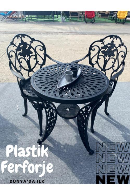 Isparta Model Ferforje Görünümlü 60 Cm Çap Plastik Masa Ve Sandalye Balkon Takım 2 Sandalye 1 Masa