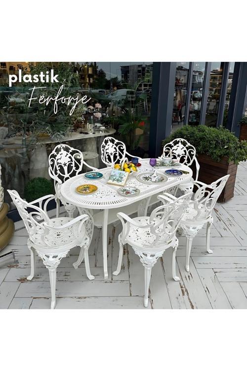 Ferforje Görünümlü Masa Sandalye, Dış Mekanda Kullanılabilir 6 Kişilik Plastik Beyaz Masa Takımı