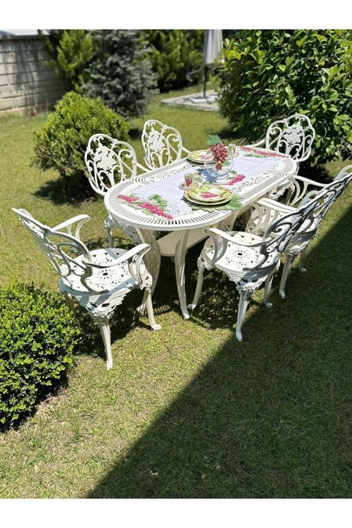 Isparta Model Ferforje Görünümlü Plastik 6 Kişilik Oval Masa Ve Sandalye Takım 6 Sandalye 1 Masa