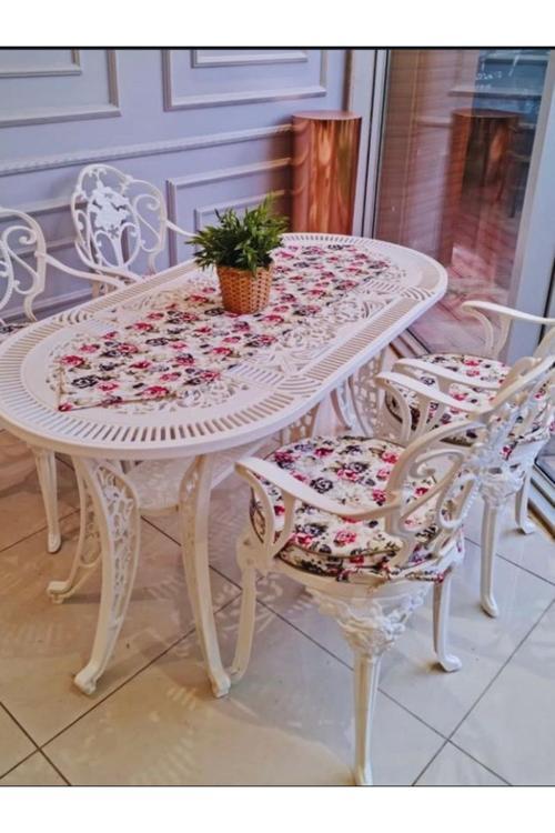 Isparta Model Ferforje Görünümlü Plastik Oval 4'Lü Masa Ve Sandalye Takım Balkon Bahçe Takımı İç/Dış