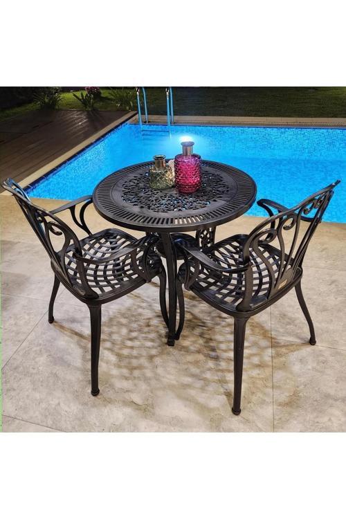 Ferforje Görünümlü, 150Kg Taşıma Kapasiteli, Dış Mekana Uygun, Siyah Plastik Masa Ve Sandalye Takımı