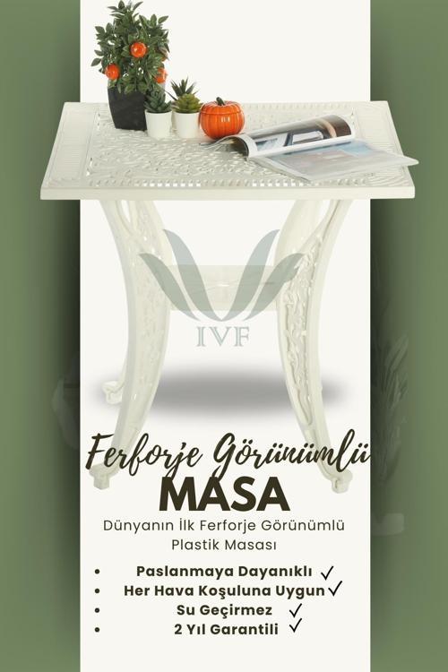 Ferforje Görünümlü Kare Masa, Bahçe, Balkon Ve Dış Mekanda Kullanılabilir, Plastik Kare Masa