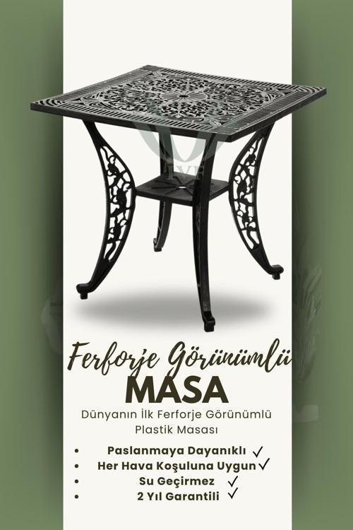 Ferforje Görünümlü Kare Masa, Bahçe, Balkon Ve Dış Mekanda Kullanılabilir, Plastik Kare Masa