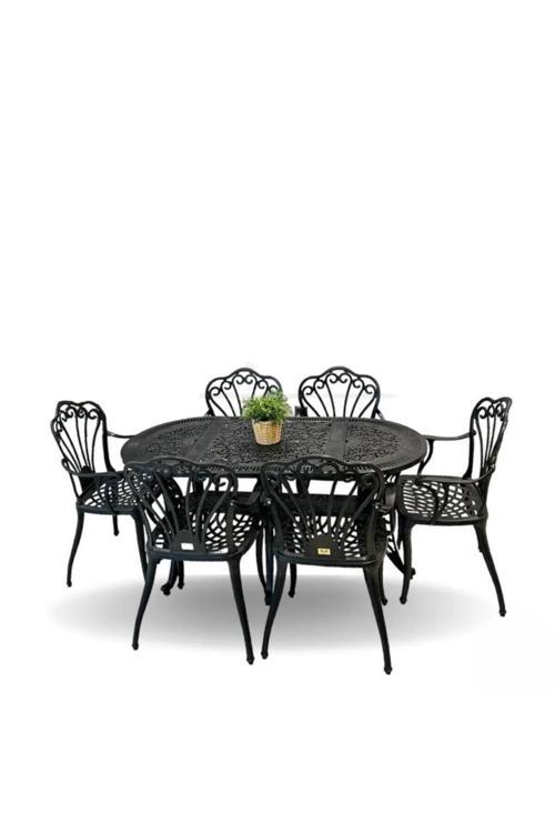 Ferforje Görünümlü, Dış Mekan Kullanımına Uygun, 150Kg Taşıma Kapasiteli, Plastik Oval Masa Takımı