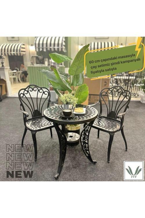 Istanbul Model Ferforje Görünümlü 60 Cm Çap Plastik Masa Ve Sandalye Balkon Takım 2 Sandalye 1 Masa