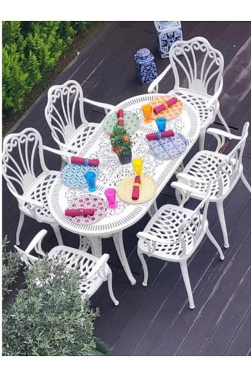 İstanbul Model Ferforje Görünümlü Plastik 6 Kişilik Oval Masa Ve Sandalye Takım 6 Sandalye 1 Masa