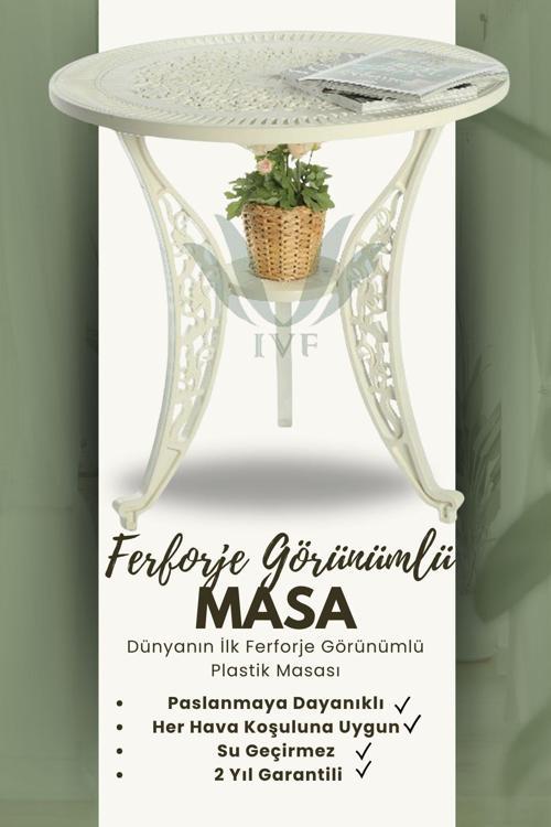 Ferforje Görünümlü Dış Mekan İçin Uygun 150 Kg Taşıma Kapasiteli Beyaz Plastik Masa