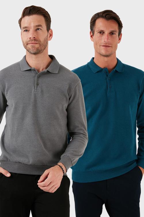 Pamuk Karışımlı Regular Fit 2'li Paket Erkek Polo Yaka Kazak 456223S2 Koyu Gri-Petrol