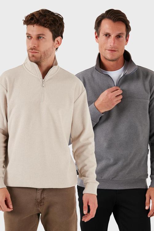 Pamuklu Regular Fit Yarım Fermuarlı Dik Yaka 2'li Paket Erkek Kazak 456112S2 BEJ-GRİ