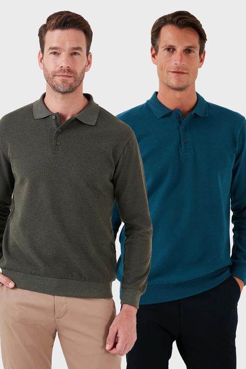 Pamuk Karışımlı Regular Fit 2'li Paket Erkek Polo Yaka Kazak 456223S2 Haki-Petrol