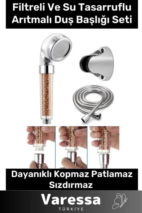 Su Tasarruflu Arıtmalı Paslanmaz Filtreli Duş Başlığı Doğal Taş Boncuklu Başlık Hortum Mafsal Seti