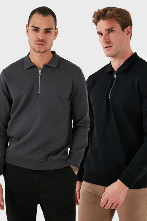 Pamuklu Regular Fit Yarım Fermuarlı 2'li Paket Polo Yaka Erkek Sweat 5905789S2 ANTRASİT-SİYAH
