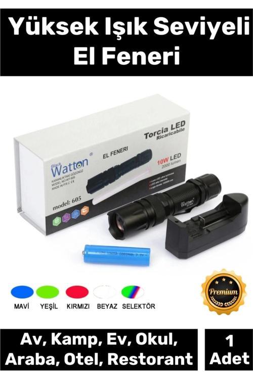 Premium 500 Metre Menzilli Şarj Edilebilir 10W 2000 Lümen 4 Renk Güçlü El Feneri