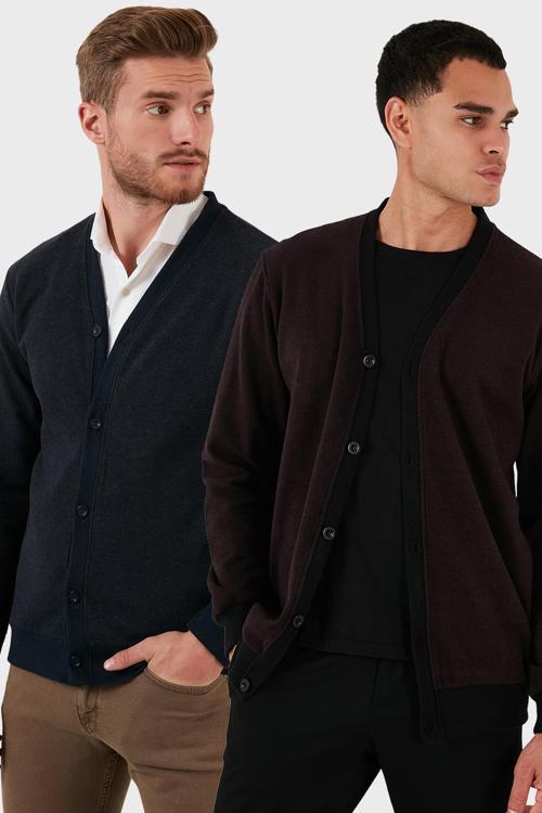 Pamuklu Regular Fit Düğmeli V Yaka 2'li Paket Erkek Hırka 456205S2 BORDO-LACİVERT