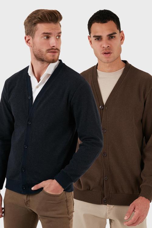 Pamuklu Regular Fit Düğmeli V Yaka 2'li Paket Erkek Hırka 456205S2 KAHVE-LACİVERT