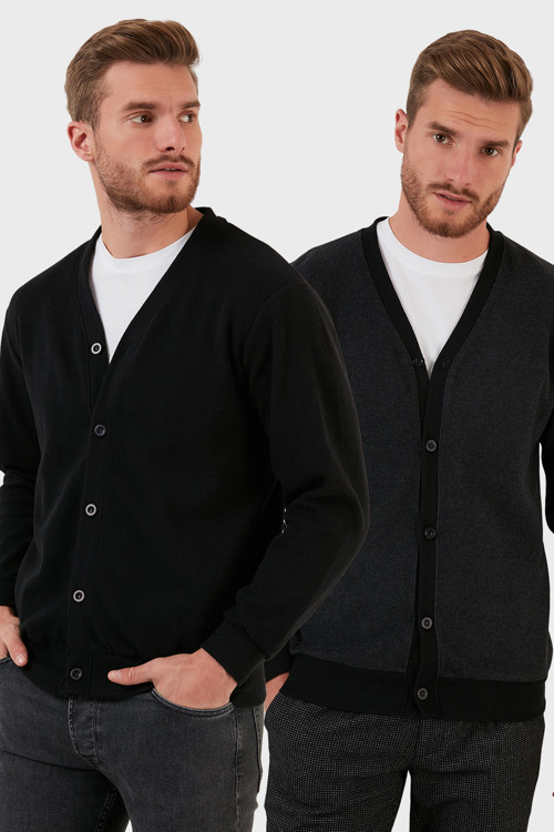 Pamuklu Regular Fit Düğmeli V Yaka 2'li Paket Erkek Hırka 456205S2 ANTRASİT-SİYAH