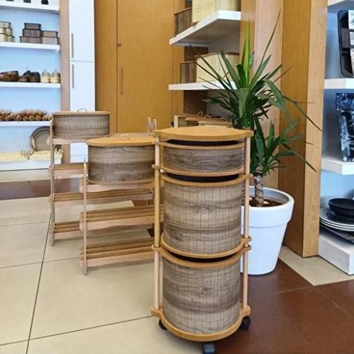 Ahşap Yuvarlak Tekerlekli Kahve Sebzelik 3 Katlı Yana Açılır Patates Soğan Sarımsak