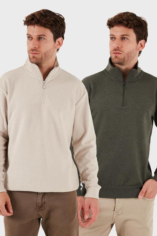 Pamuklu Regular Fit Yarım Fermuarlı Dik Yaka 2'li Paket Erkek Kazak 456112S2 BEJ-HAKİ