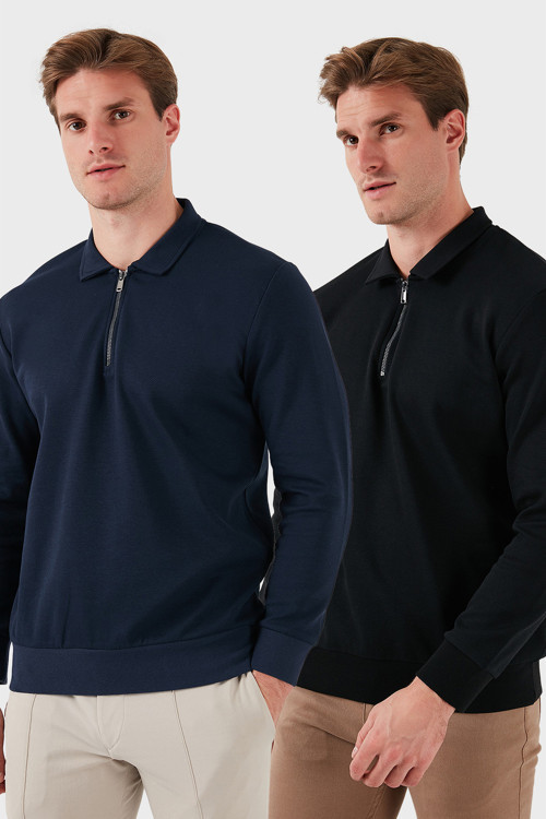 Pamuklu Regular Fit Yarım Fermuarlı 2'li Paket Polo Yaka Erkek Sweat 5905789S2 SİYAH-İNDİGO