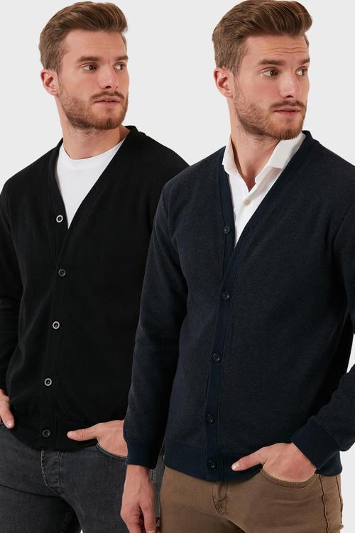 Pamuklu Regular Fit Düğmeli V Yaka 2'li Paket Erkek Hırka 456205S2 LACİVERT-SİYAH