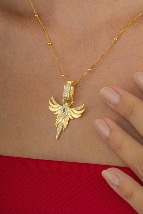 Altın Kaplama Zümrüt Renk Tek Taş Anka Gümüş Kolye