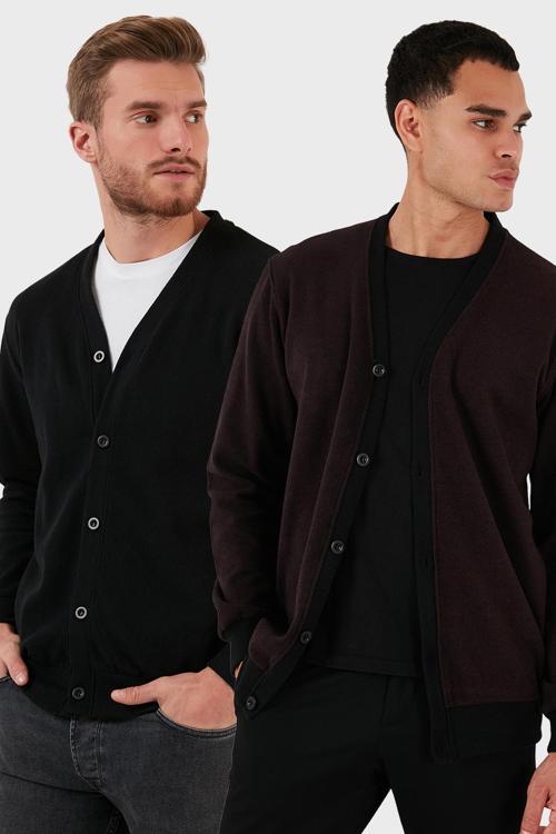 Pamuklu Regular Fit Düğmeli V Yaka 2'li Paket Erkek Hırka 456205S2 BORDO-SİYAH